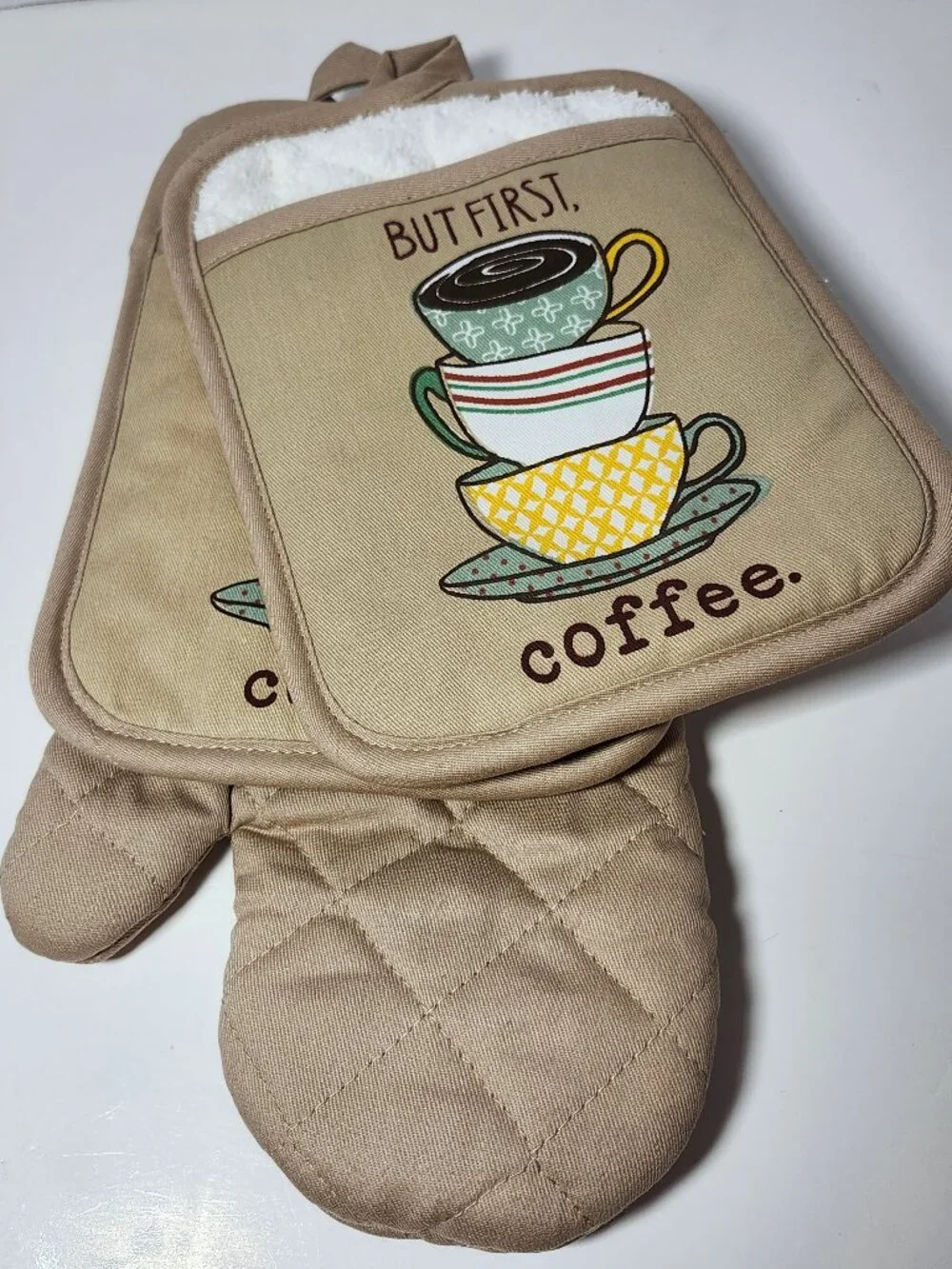 Sonoma But First Coffee Kitchen Set 3-Pc Oven Mitt & 2 Mini Pot Holders NWT